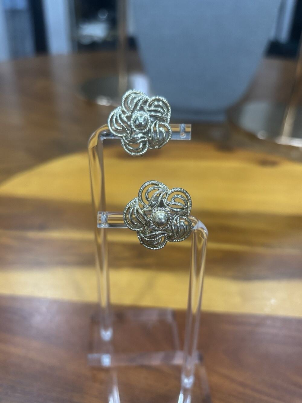 Vintage Silvery Gold Tone Flower Knot Stud Earrings Butterfly Back Pair No Stone